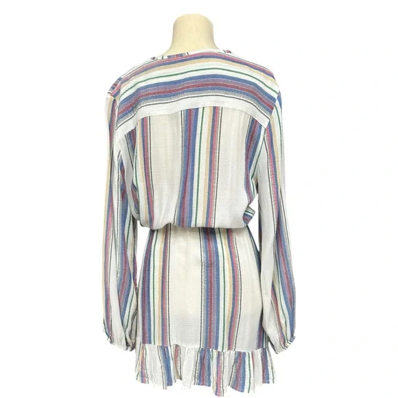 Blue Island White Multi Stripe Wrap Dress Women’s Medium Boho Tassel Tie Lightwe - Picture 4 of 13